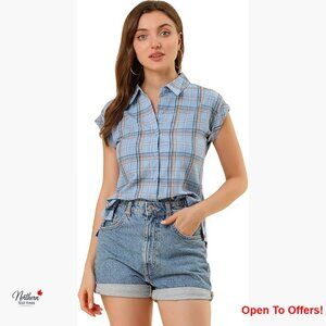 Summer Plaid Button Down Shirt with Cap Sleeves 100% Cotton